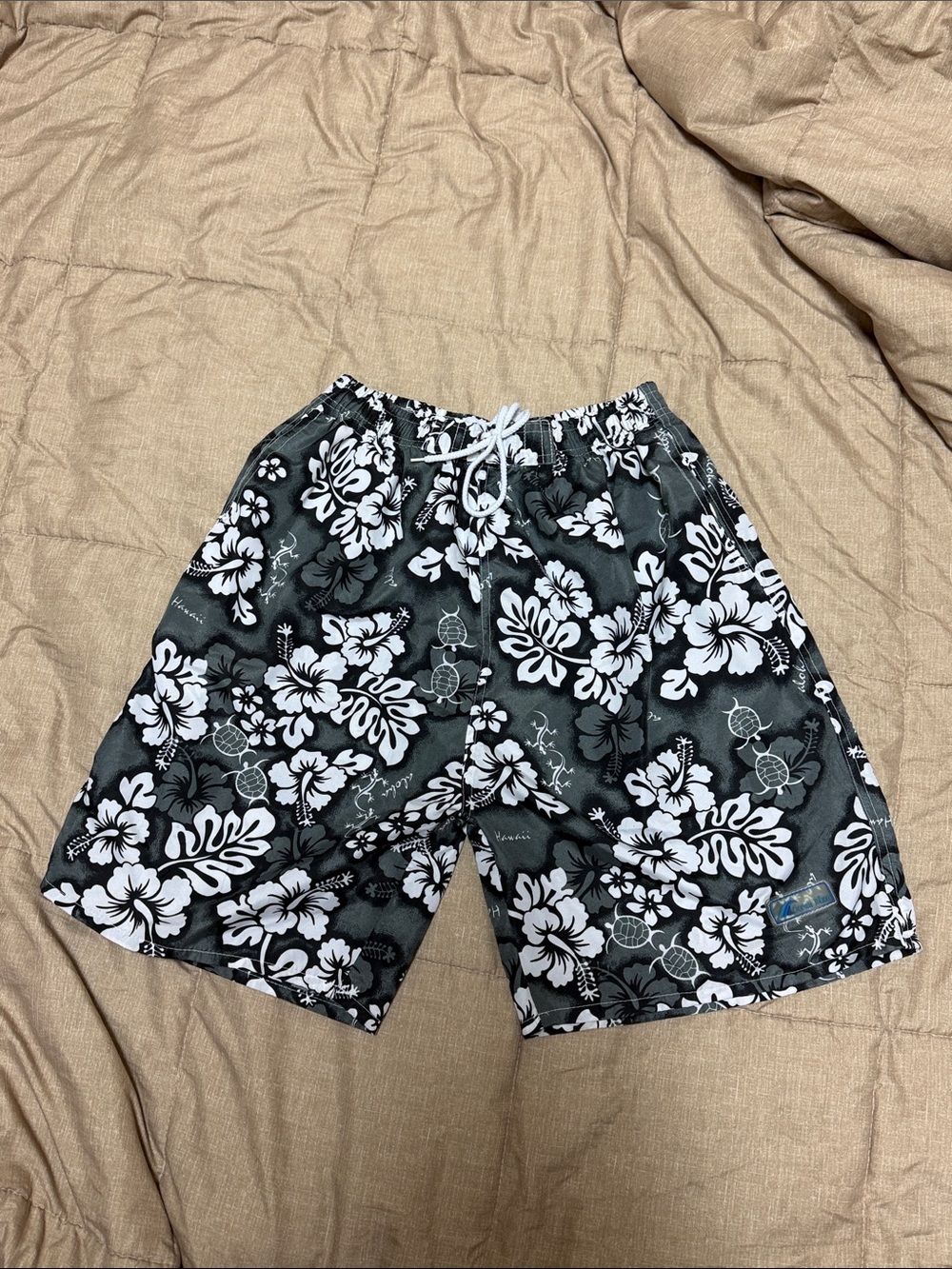 Men's Black & White Hawaiian Tropical Floral Swim Trunks Lined Drawstring Large